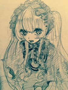 Rating: Safe Score: 0 Tags: 1girl bangs dress eyebrows_visible_through_hair image lolita_hairband long_hair long_sleeves looking_at_viewer monochrome open_mouth shinku simple_background sketch smile solo traditional_media User: admin