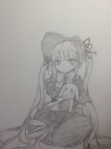 Rating: Safe Score: 0 Tags: 1girl closed_mouth dress eyebrows_visible_through_hair greyscale image lolita_fashion long_hair long_sleeves looking_at_viewer monochrome shinku solo stuffed_animal traditional_media twintails very_long_hair User: admin