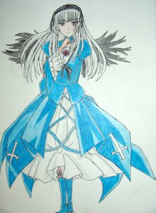 Rating: Safe Score: 0 Tags: 1girl auto_tagged blue_dress dress flower frills hairband image long_hair long_sleeves looking_at_viewer pink_eyes ribbon rose solo standing suigintou traditional_media wings User: admin