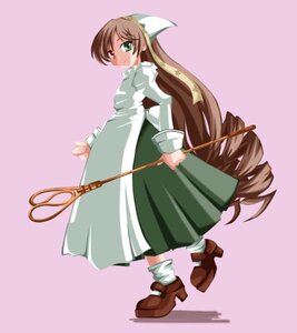 Rating: Safe Score: 0 Tags: 1girl auto_tagged brown_footwear brown_hair dress full_body green_dress green_eyes heterochromia image long_hair long_sleeves looking_at_viewer looking_back shoes simple_background solo standing suiseiseki very_long_hair white_legwear User: admin