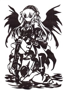 Rating: Safe Score: 0 Tags: 1girl black_wings boots dress frills full_body greyscale hairband image lolita_hairband long_hair long_sleeves looking_at_viewer monochrome simple_background solo suigintou white_background wings User: admin