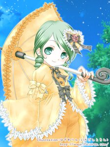 Rating: Safe Score: 0 Tags: 1girl bow day dress drill_hair flower frills green_eyes green_hair hair_ornament holding image kanaria long_sleeves outdoors parasol rose smile solo umbrella yellow_dress User: admin