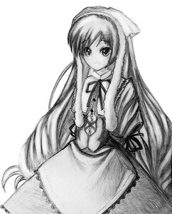 Rating: Safe Score: 0 Tags: 1girl apron dress frills greyscale image long_hair long_sleeves looking_at_viewer monochrome ribbon simple_background solo standing suiseiseki very_long_hair waist_apron white_background User: admin