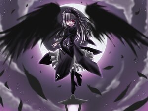 Rating: Safe Score: 0 Tags: 1girl black_dress black_feathers black_wings boots cloud dress feathers flower flying frills hairband image lolita_fashion lolita_hairband long_hair long_sleeves looking_at_viewer moon night red_eyes rose sky solo suigintou wings User: admin