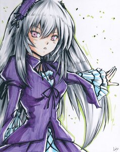 Rating: Safe Score: 0 Tags: 1girl dress flower frills hairband image long_hair long_sleeves looking_at_viewer pink_eyes puffy_sleeves purple_dress ribbon silver_hair solo suigintou traditional_media User: admin