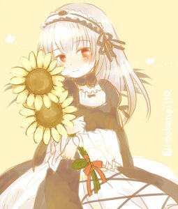 Rating: Safe Score: 0 Tags: 1girl bangs beige_background black_dress blush bouquet closed_mouth dress eyebrows_visible_through_hair flower frills hairband holding holding_flower image long_hair long_sleeves looking_at_viewer red_eyes ribbon smile solo suigintou sunflower twitter_username User: admin
