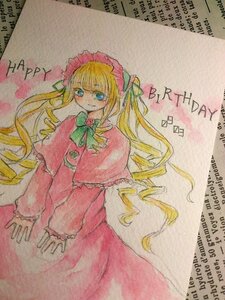 Rating: Safe Score: 0 Tags: 1girl auto_tagged blonde_hair blue_eyes blush bonnet bow bowtie capelet dress english_text green_bow image long_hair long_sleeves looking_at_viewer photo red_dress shinku smile solo traditional_media twintails watercolor_(medium) User: admin