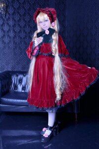 Rating: Safe Score: 0 Tags: 1girl blonde_hair blue_eyes bonnet dress flower full_body long_hair red_dress rose shinku solo standing User: admin