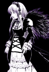 Rating: Safe Score: 0 Tags: 1girl black_background black_wings cross-laced_clothes detached_collar dress frills greyscale hairband image long_hair long_sleeves monochrome simple_background solo standing suigintou very_long_hair wings User: admin