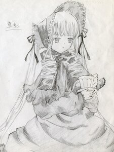 Rating: Safe Score: 0 Tags: 1girl dress greyscale holding image long_hair long_sleeves looking_at_viewer monochrome ribbon shinku solo traditional_media very_long_hair User: admin