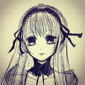 Rating: Safe Score: 0 Tags: 1girl auto_tagged bangs choker closed_mouth frills hairband image long_hair looking_at_viewer monochrome ribbon simple_background solo suigintou traditional_media upper_body User: admin