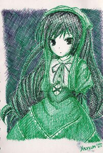 Rating: Safe Score: 0 Tags: 1girl dress green_theme hairband halftone image long_hair long_sleeves looking_at_viewer monochrome ribbon solo suiseiseki very_long_hair User: admin