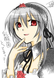 Rating: Safe Score: 0 Tags: 1girl black_ribbon detached_collar dress finger_to_mouth flower frills hairband image long_hair long_sleeves looking_at_viewer red_eyes red_flower red_rose ribbon rose signature silver_hair simple_background solo suigintou upper_body white_background User: admin