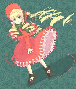 Rating: Safe Score: 0 Tags: 1girl blonde_hair blue_eyes bonnet bow bowtie dress drill_hair frills full_body green_background image long_hair long_sleeves looking_at_viewer red_dress shinku shoes solo standing twin_drills twintails User: admin