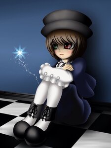 Rating: Safe Score: 0 Tags: 1girl argyle argyle_background boots brown_hair checkered checkered_background checkered_floor chess_piece dress green_eyes hat heterochromia image long_sleeves night pantyhose perspective red_eyes short_hair sitting solo souseiseki tile_floor tiles top_hat User: admin