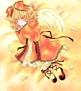 Rating: Safe Score: 0 Tags: 1girl angel_wings blonde_hair closed_eyes dress drill_hair feathered_wings feathers frills hina_ichigo hinaichigo image long_sleeves lying ribbon short_hair sleeping solo white_wings wings User: admin