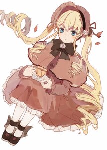 Rating: Safe Score: 0 Tags: 1girl blonde_hair blue_eyes blush bonnet bow bowtie capelet dress drill_hair flower food full_body image long_hair long_sleeves looking_at_viewer pantyhose rose shinku shoes sitting solo striped twin_drills twintails very_long_hair User: admin