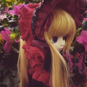 Rating: Safe Score: 0 Tags: 1girl blonde_hair blue_eyes blurry blurry_foreground bow depth_of_field doll dress flower long_hair looking_at_viewer pink_flower red_dress rose shinku solo User: admin