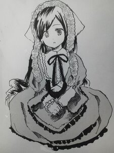 Rating: Safe Score: 0 Tags: 1girl bangs dress frills greyscale image long_hair long_sleeves looking_at_viewer monochrome ribbon simple_background solo suiseiseki traditional_media User: admin