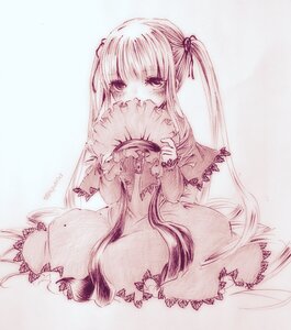 Rating: Safe Score: 0 Tags: 1girl covering_mouth dress hair_ribbon holding image long_hair long_sleeves looking_at_viewer monochrome ribbon shinku solo striped twintails very_long_hair User: admin