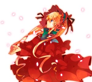 Rating: Safe Score: 0 Tags: 1girl blonde_hair blue_eyes bonnet bow bowtie dress flower image long_hair long_sleeves petals red_dress ribbon rose_petals shinku solo User: admin