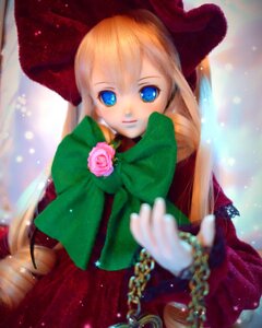 Rating: Safe Score: 0 Tags: 1girl blonde_hair blue_eyes blurry bow capelet chain depth_of_field doll dress flower green_bow hat long_hair long_sleeves looking_at_viewer pink_flower pink_rose rose shinku solo User: admin