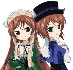 Rating: Safe Score: 0 Tags: 2girls blue_dress brown_hair dress green_dress green_eyes hat head_scarf heterochromia image index_finger_raised ixy long_hair long_sleeves looking_at_viewer multiple_girls pair red_eyes rozen_maiden short_hair siblings simple_background sisters smile souseiseki suiseiseki top_hat twins very_long_hair white_background User: admin