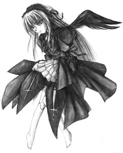 Rating: Safe Score: 0 Tags: 1girl dress frills full_body greyscale image long_hair long_sleeves looking_at_viewer monochrome simple_background solo standing suigintou very_long_hair white_background wings User: admin