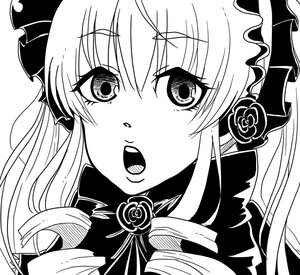 Rating: Safe Score: 0 Tags: 1girl bangs blush drill_hair eyebrows_visible_through_hair flower greyscale hairband image long_hair looking_at_viewer monochrome rose shinku simple_background solo white_background User: admin