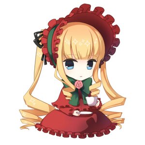 Rating: Safe Score: 0 Tags: 1girl blonde_hair blue_eyes bonnet bow chibi cup dress drill_hair flower holding holding_cup image long_hair long_sleeves looking_at_viewer rose saucer shinku simple_background sitting solo teacup twin_drills white_background User: admin