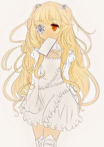 Rating: Safe Score: 0 Tags: 1girl bandages bangs blonde_hair blush covering_mouth dress eyepatch flower hair_ornament image kirakishou long_hair long_sleeves looking_at_viewer red_eyes rose solo striped thighhighs two_side_up very_long_hair white_flower white_rose User: admin