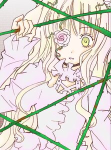 Rating: Safe Score: 0 Tags: 1girl bangs blonde_hair blush flower green_eyes holding image kirakishou long_hair long_sleeves pink_flower pink_rose rose solo thorns upper_body vines User: admin