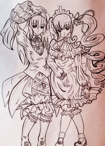 Rating: Safe Score: 0 Tags: 2girls dress drill_hair hairband holding_hands image long_hair long_sleeves monochrome multiple_girls pair shinku standing suigintou twintails User: admin