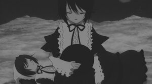 Rating: Safe Score: 0 Tags: 2girls closed_eyes dress greyscale image long_sleeves monochrome multiple_girls neck_ribbon pair ribbon short_hair sleeping souseiseki suiseiseki User: admin