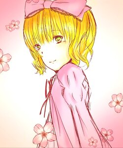 Rating: Safe Score: 0 Tags: 1girl blonde_hair bow cherry_blossoms flower gradient gradient_background green_eyes hair_bow hina_ichigo hinaichigo image looking_at_viewer looking_back pink_bow pink_dress ribbon short_hair smile solo striped striped_background striped_dress upper_body vertical_stripes User: admin