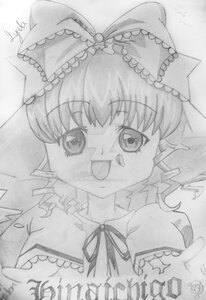 Rating: Safe Score: 0 Tags: 1girl artist_name bow dated frills graphite_(medium) greyscale hinaichigo image kagiyama_hina looking_at_viewer monochrome open_mouth photo ribbon shikishi signature simple_background smile solo traditional_media upper_body User: admin