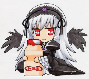 Rating: Safe Score: 0 Tags: 1girl :3 black_dress black_wings box chibi commentary_request dress feathered_wings feathers flower frills hairband image long_hair long_sleeves lowres red_eyes rose rozen_maiden sakiran_densha silver_hair solo suigintou traditional_media wings yakult User: admin