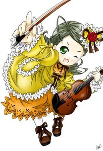 Rating: Safe Score: 0 Tags: 1girl dress flower frills full_body green_eyes green_hair image instrument kanaria long_sleeves musical_note one_eye_closed ribbon rose solo white_background yellow_dress User: admin