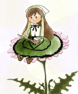 Rating: Safe Score: 0 Tags: 1girl brown_hair dress frills green_dress holding image long_hair long_sleeves ribbon solo standing suiseiseki very_long_hair User: admin