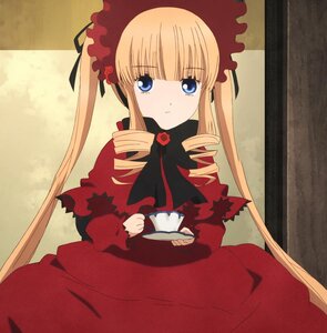 Rating: Safe Score: 0 Tags: 1girl blonde_hair blue_eyes bonnet bow cup dress drill_hair flower holding holding_cup image long_hair long_sleeves looking_at_viewer red_dress saucer shinku sidelocks sitting solo table tea teacup twintails User: admin