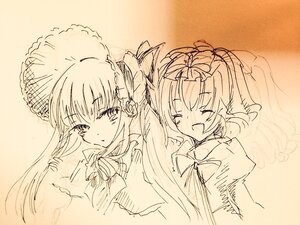 Rating: Safe Score: 0 Tags: 2girls blush bow closed_eyes eyebrows_visible_through_hair hat hinaichigo image long_hair monochrome multiple_girls open_mouth pair shinku sketch smile veil User: admin