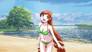 Rating: Safe Score: 0 Tags: 1girl :d beach bikini breasts brown_hair cleavage cloud day green_bikini green_eyes heterochromia lake long_hair medium_breasts multicolored navel ocean open_mouth outdoors photo_background red_eyes sky smile solo swimsuit water User: admin