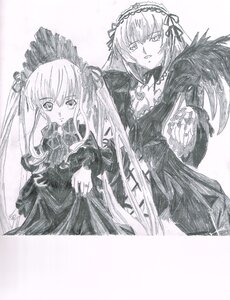 Rating: Safe Score: 0 Tags: 2girls detached_collar dress flower frills greyscale hairband image long_hair long_sleeves looking_at_viewer monochrome multiple_girls pair shinku suigintou traditional_media very_long_hair wings User: admin