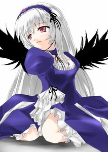 Rating: Safe Score: 0 Tags: 1girl black_wings blush detached_collar dress feathers frills hairband image juliet_sleeves long_hair long_sleeves looking_at_viewer puffy_sleeves red_eyes silver_hair simple_background sitting solo suigintou white_background wings User: admin