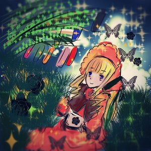 Rating: Safe Score: 0 Tags: 1girl blonde_hair blue_butterfly blue_eyes bonnet bow bug butterfly dress flower grass image insect long_hair outdoors pink_bow red_dress rose shinku smile solo sparkle User: admin