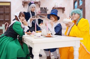 Rating: Safe Score: 0 Tags: 1girl brown_hair cake closed_eyes dress food hat long_hair multiple_boys multiple_cosplay silver_hair table tagme User: admin
