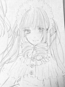 Rating: Safe Score: 0 Tags: 1girl bangs blush bonnet closed_mouth eyebrows_visible_through_hair flower image long_hair looking_at_viewer monochrome shinku simple_background smile solo traditional_media twintails upper_body white_background User: admin