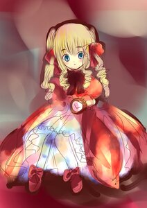 Rating: Safe Score: 0 Tags: 1girl blonde_hair blue_eyes bow bowtie dress frills full_body image long_hair long_sleeves looking_at_viewer red_dress ribbon rose shinku shoes solo standing twintails User: admin