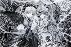 Rating: Safe Score: 0 Tags: 2girls black_wings dress flower frills greyscale hairband holding_hands image kirakishou long_hair long_sleeves looking_at_viewer monochrome multiple_girls pair ribbon rose suigintou traditional_media very_long_hair wings User: admin