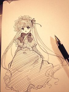 Rating: Safe Score: 0 Tags: 1girl dress frills image long_hair looking_at_viewer monochrome photo shinku smile solo traditional_media very_long_hair User: admin